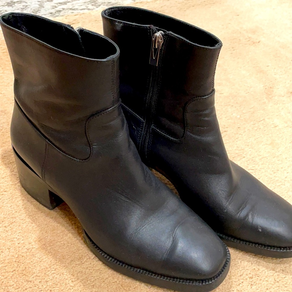 Black leather square toe booties with side zipper, 2" chunky heel.